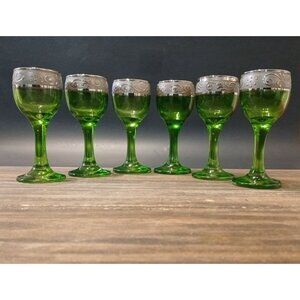 Vintage European Cordial Bar Glass Green Silver Tone Rim Sherry Liquor Ware
